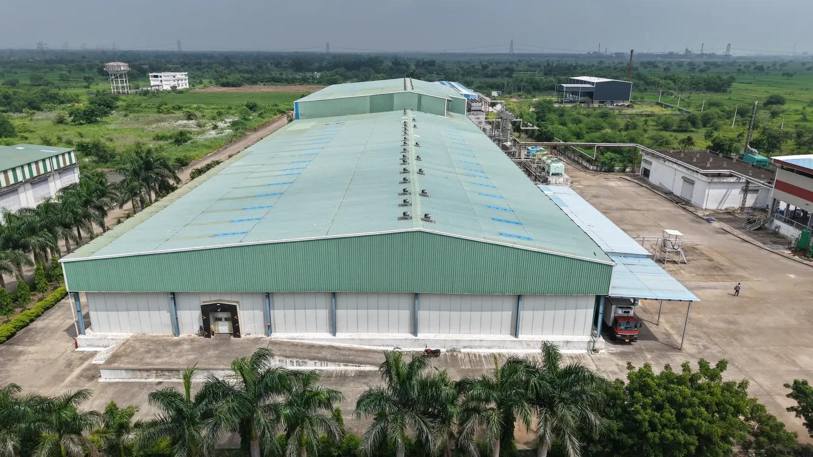 Green-roof warehouse viewed from the air