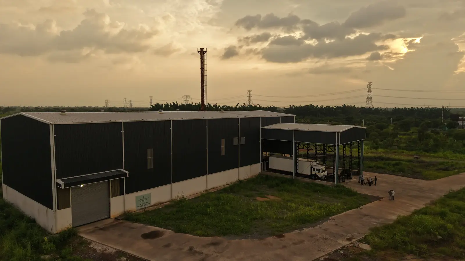 Utility building at sunset