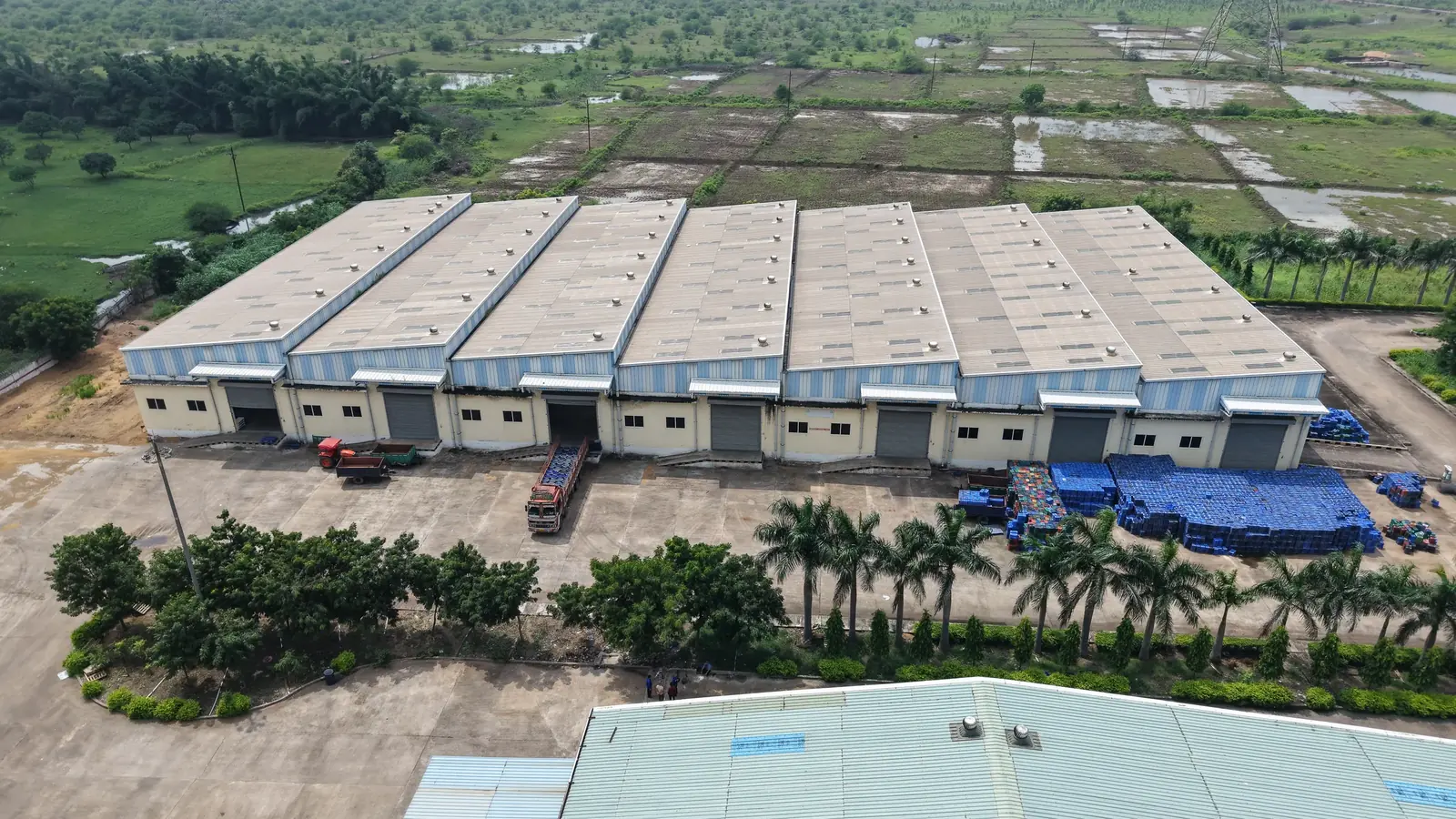 Aerial view of warehouse sheds at Indus Best Mega Food Park