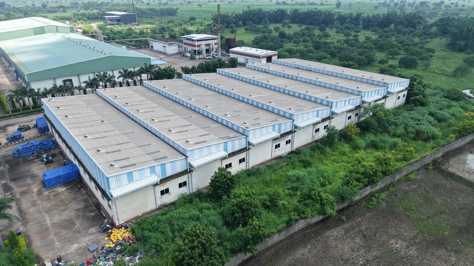 Warehouse sheds viewed from above at Indus Best Mega Food Park