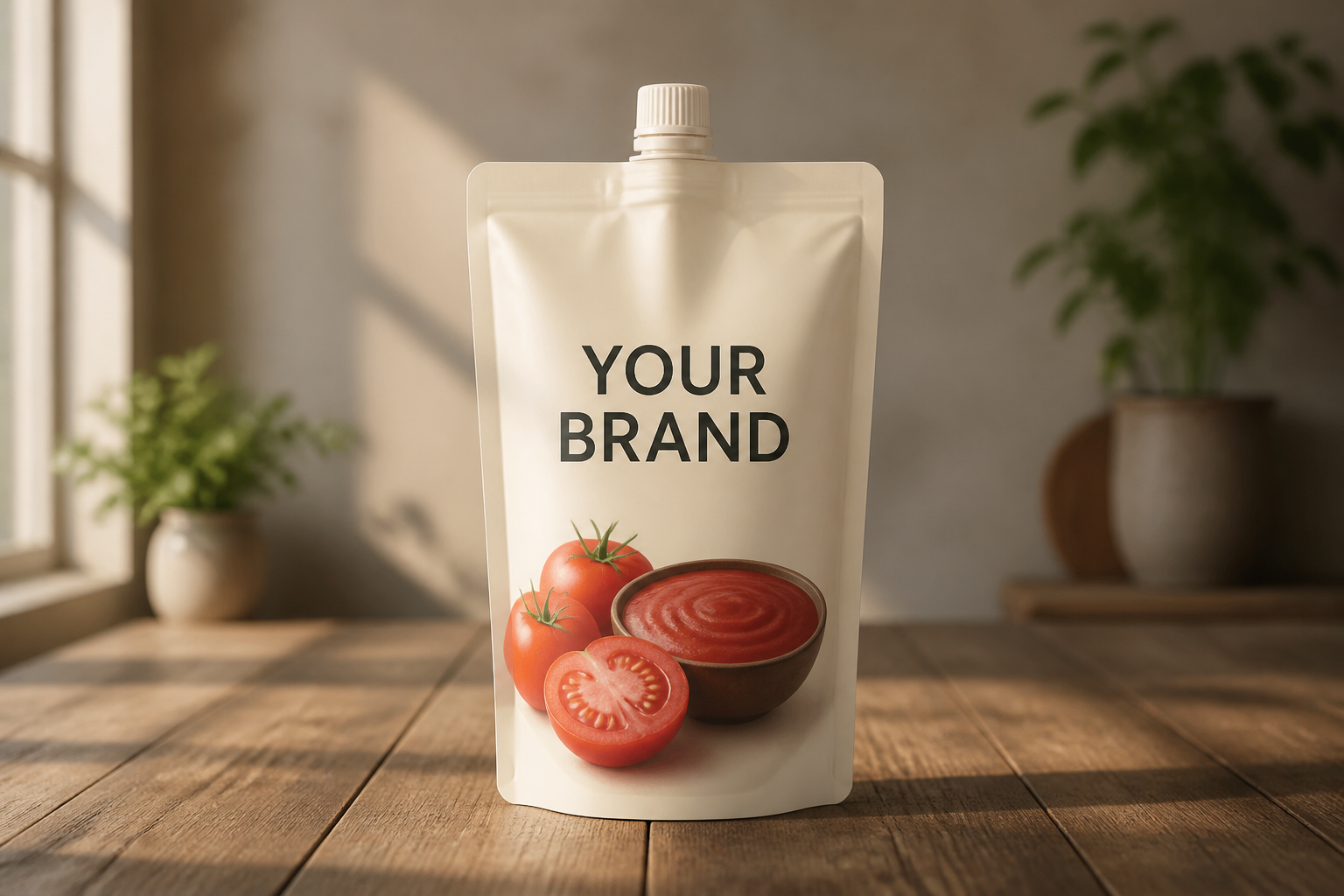 Aseptic stand-up pouch mockup labelled YOUR BRAND