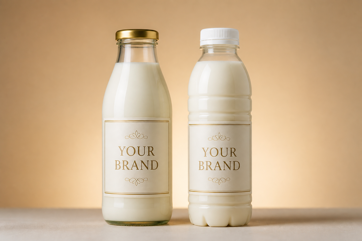 Glass and PET bottle mockups labelled YOUR BRAND