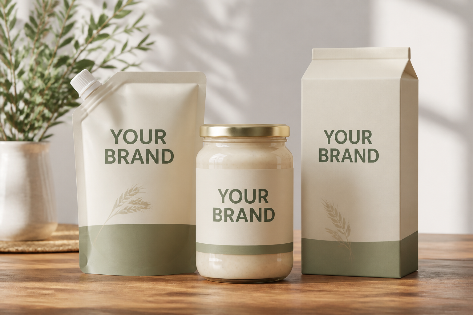 Private label product mockups with YOUR BRAND placeholder on pouch, jar, and carton