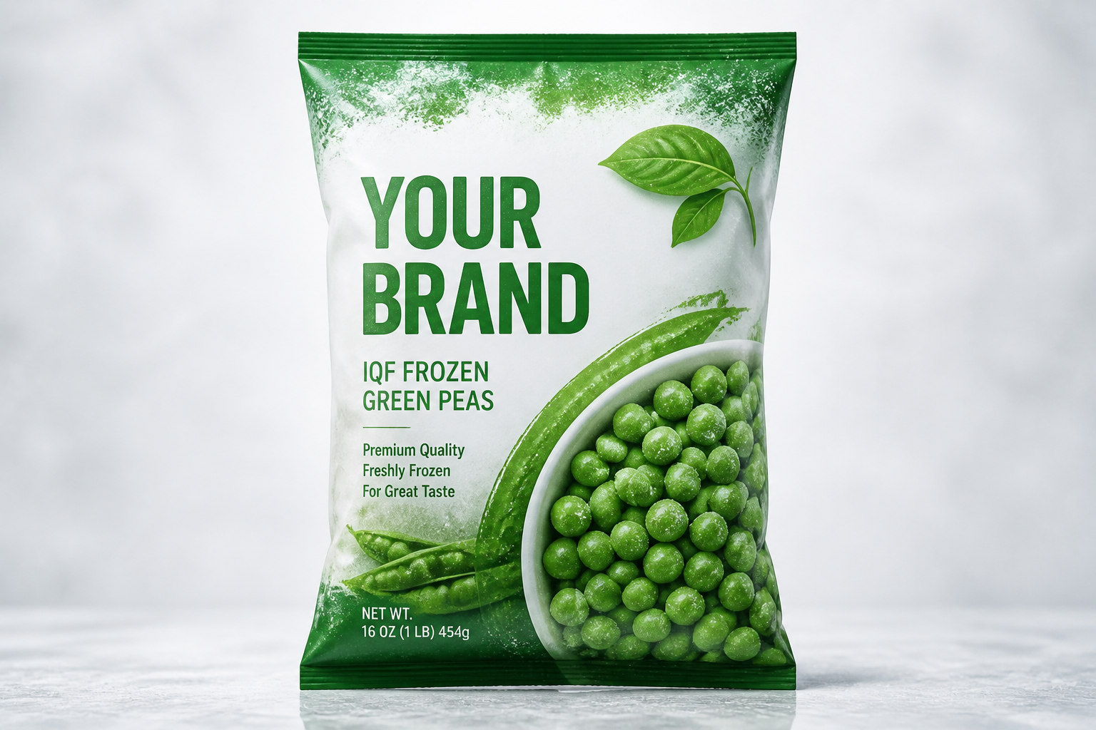 Frozen IQF retail bag mockup labelled YOUR BRAND