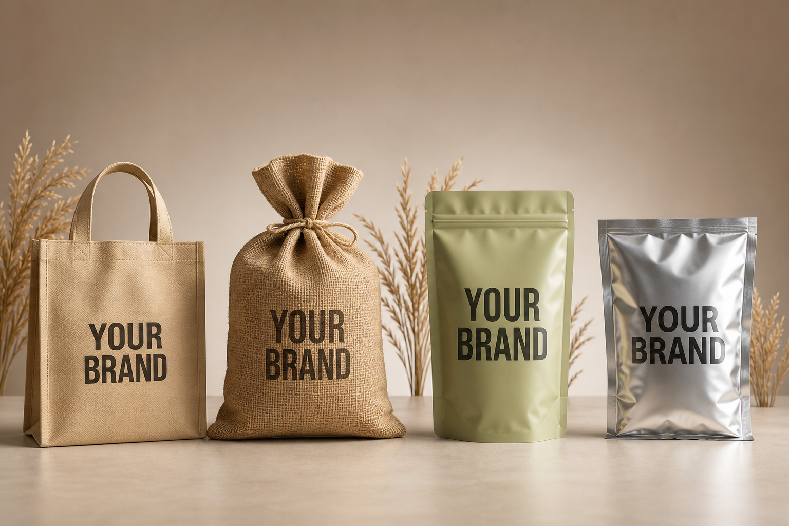 Packaging format mockups: non-woven bag, jute sack, laminate pouch, and metallic laminate pouch labelled YOUR BRAND